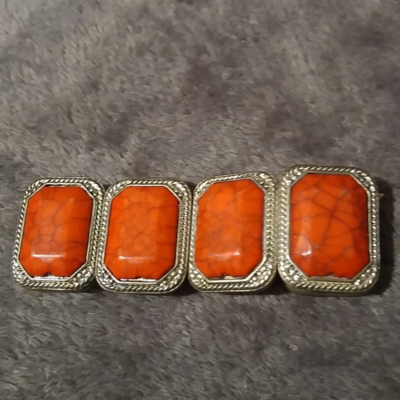 SILVER-TONE RED RECTANGLE STONE STRETCH BRACELET - Picture 2 of 4